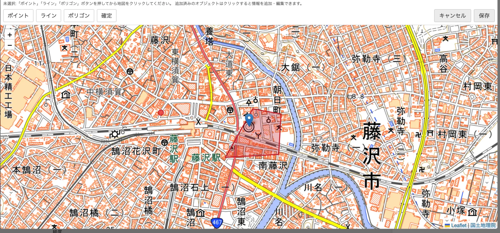 地図上にポイント・ライン・ポリゴンを追加する画面